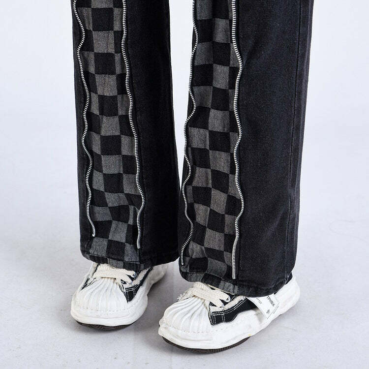 Zip Up Checker Jeans - 2000s Fashion, Nostalgia Outfits, Y2K Style