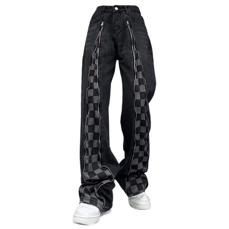 Zip Up Checker Jeans - 2000s Fashion, Nostalgia Outfits, Y2K Style